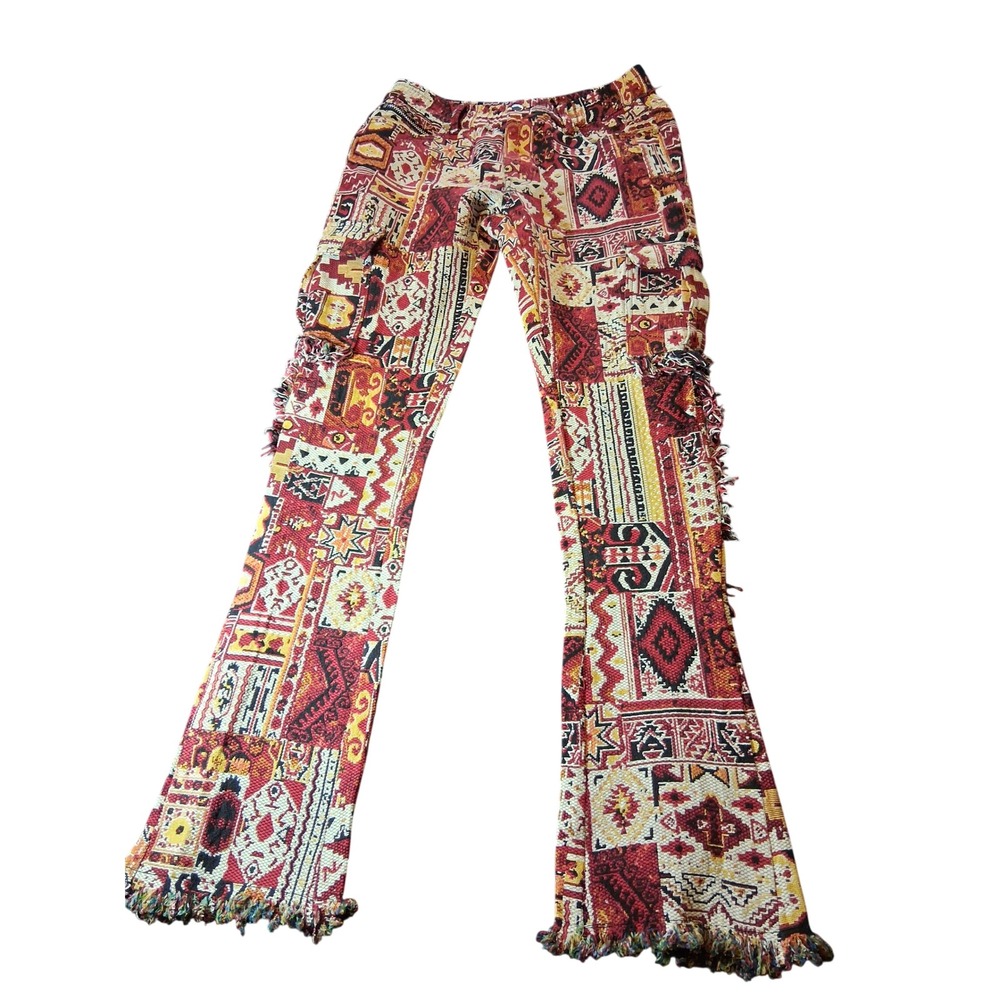 Rockstar Original Men 32 Tapestry Flare Denim Pants Multi Color Fringe 13345